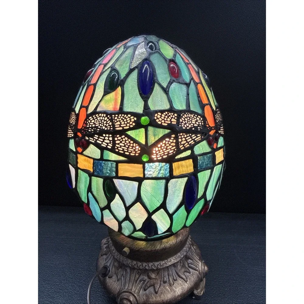Dale Tiffany Dragonfly Motif Egg Shaped Stained Glass Accent Lamp